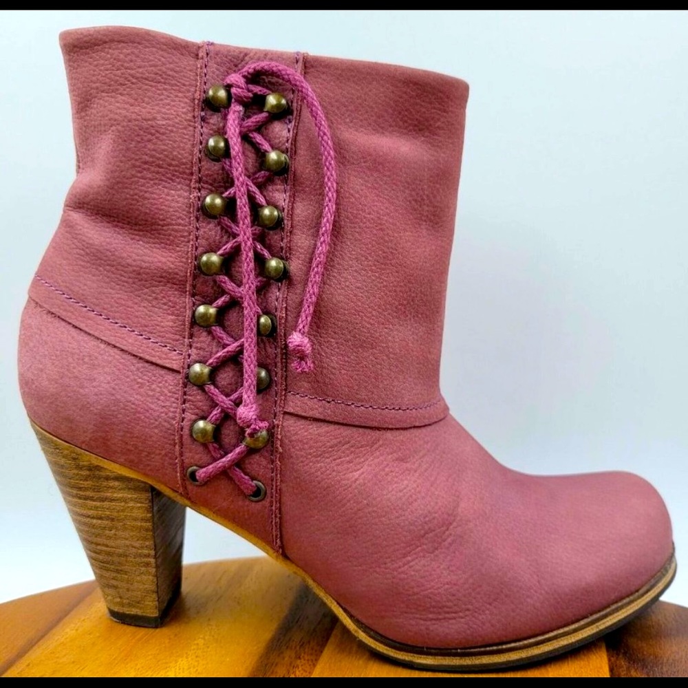 Anthropologie Pink Nubuck Leather Heel Ankle Boot Women's 9 FITS LIKE 8.5!